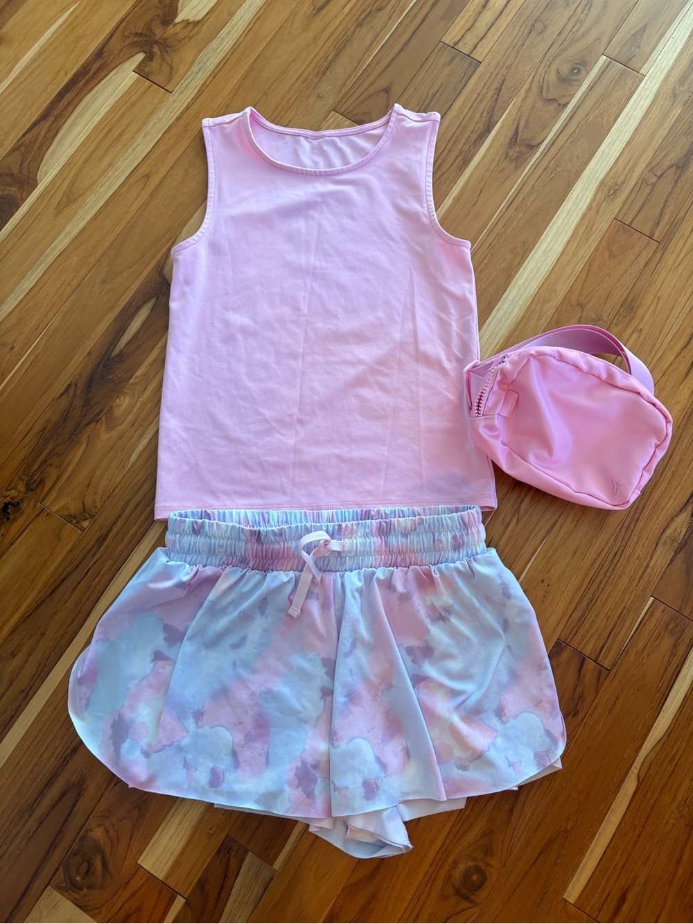 Yogalicious Pink Tank Top with Pastel Tie-Dye Shorts & Pink Pouch